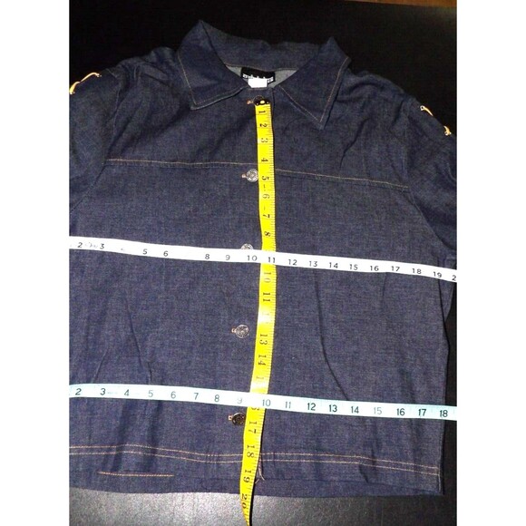 GDS Goddess Denim Jean Button Up Blouse Shirt Laced Up Sleeves Vintage Size XL - Picture 9 of 14